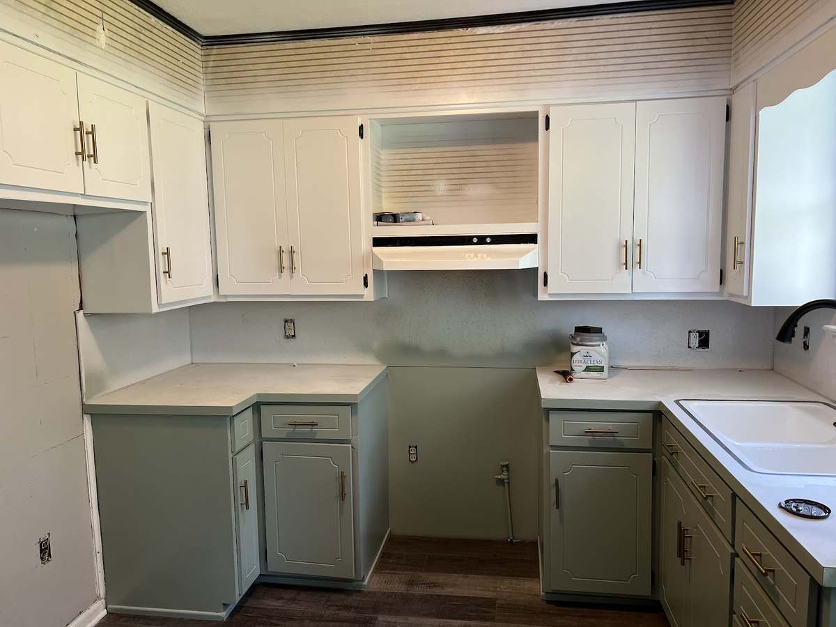 A kitchen with white upper cabinets, sage-green lower cabinets, pale countertops, a double sink and dark plank flooring.